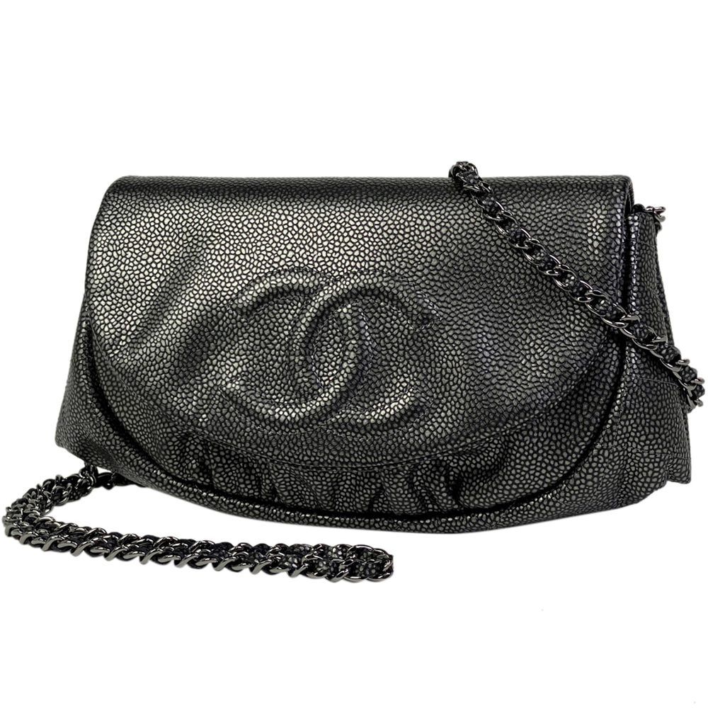 Chanel Half Moon Chain Shoulder Bag Coco Mark Wallet Leather Metallic Black